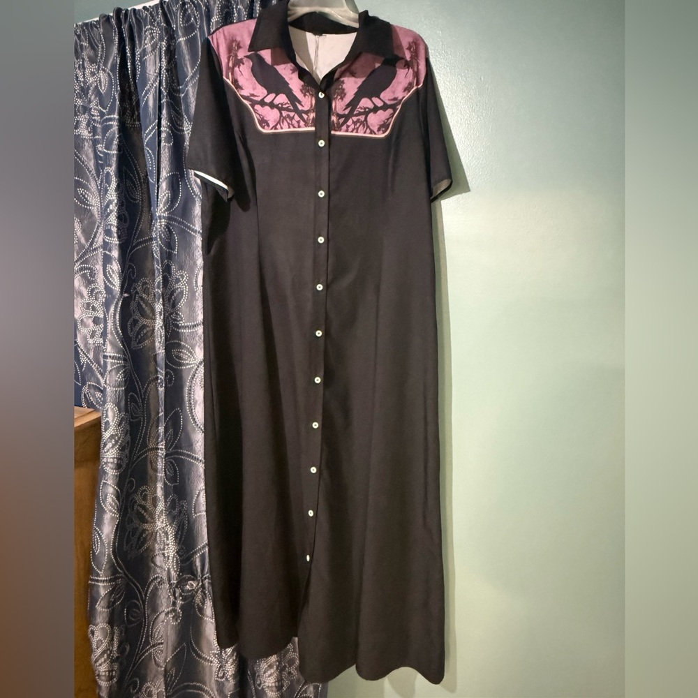 Black Crow Print Button Front Dress XXL